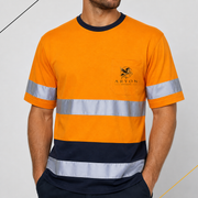 Aryon Apparel custom printed orange and navy JB's hi-vis cotton T-shirt with chest logo