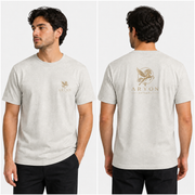 Custom printed Ash Grey T-shirt mockup with Aryon Apparel logo on front chest and A4-size back print