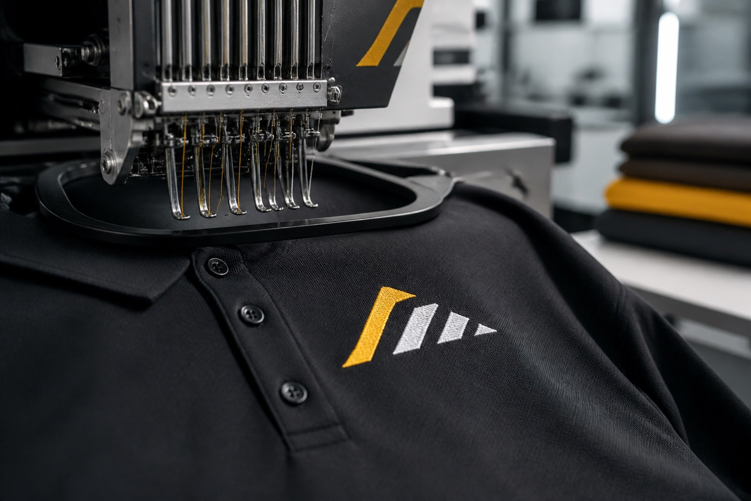 Logo embroidery on a black polo shirt